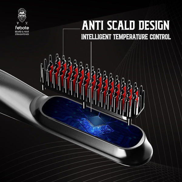 Heated Ionic Hair Straightening Brush for Men - 5 Temperature Settings, Anti-Scald, Beard Shaper & Travel Bag Black