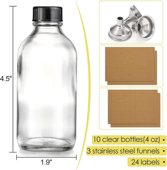 10 Pack, 4 oz Small Clear Glass Bottles w/Lids & 3 Stainless Steel Funnel - 120ml Boston Round Sample Bottle for Potion, Juice, Ginger Shot,