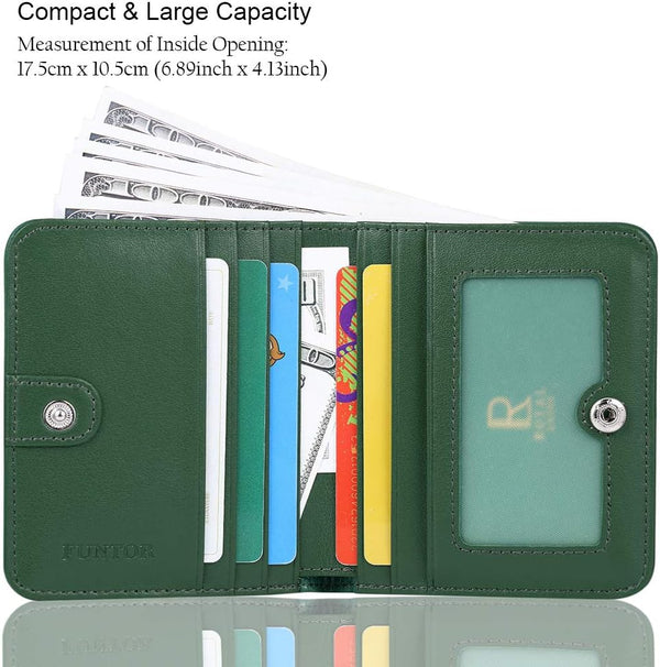 FUNTOR Small Wallets for Women, Ladies Small Compact Bifold Pocket RFID Blocking Genuine Leather Wallet for Women A:F Natural leather-Dark Green