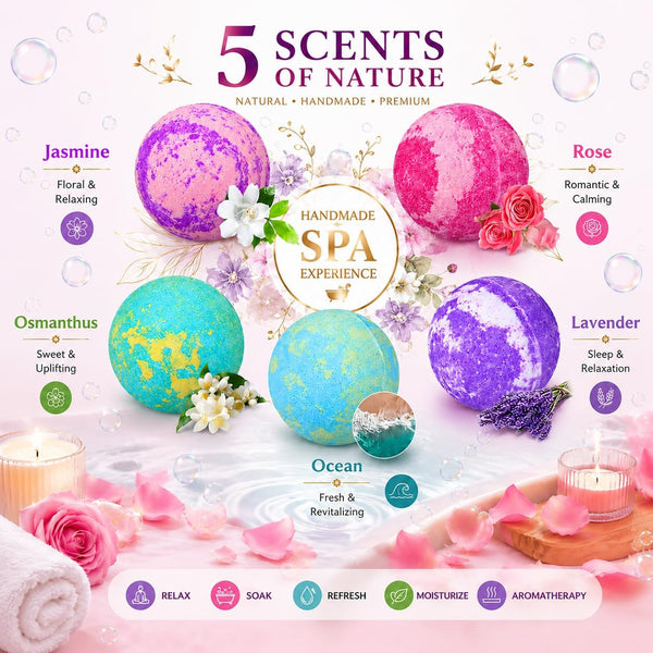 Bath Bombs Gift Set - 5 Large Fizzy Spa Bombs with 4 Scented Candles for Women - Moisturizing Bubble Bath with Essential Oils for Valentine's,