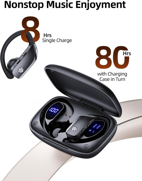 bmanl Wireless Earbuds Bluetooth Headphones Over Ear Hooks Ear Buds with 80H Playtime, LED Power Display, Dual Mic Clear Calls, Sports Wireless