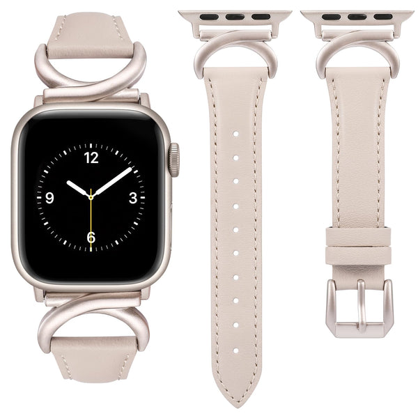 Minyee Leather Bands Compatible with Apple Watch Band 38/40/41/42/44/45/46/49mm Women, Slim Thin Dressy Designer Strap with C-Shape Metal Buckle