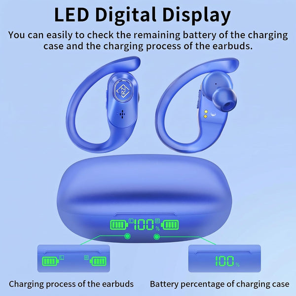 Wireless Earbuds Bluetooth Headphones 96H Playtime LED Display Waterproof Built in Mic Deep Bass Sound Secure Over Ear buds Earhooks for iPhone