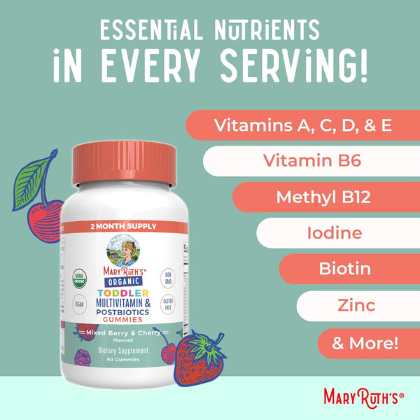 Maryruth Organics Toddler Multivitamin Gummies + Postbiotics | USDA Organic | Vitamins for Kids Ages 2+ | Immune Support | Vitamin C | Vitamin D3