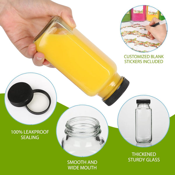 Alotpower 8 oz Glass Juice Bottles with Lids 12Pack | 240ml Square Reusable Drinking Bottles for Juicing, Water, Kombucha Juices, Milk, Beverages