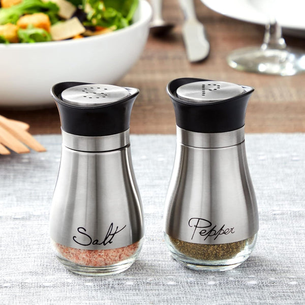 Stainless Steel Salt and Pepper Shaker Set with Glass Bottom, Perforated "S" and "P" Caps - Modern Kitchen Counter Decor (4oz) 4 Inch