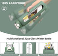 chunmo 32 oz Glass Water Bottles with 2 Lids-Handle Spout Lid & Straw Lid, 1 Liter Motivational Borosilicate Water Bottle with Time Marker and