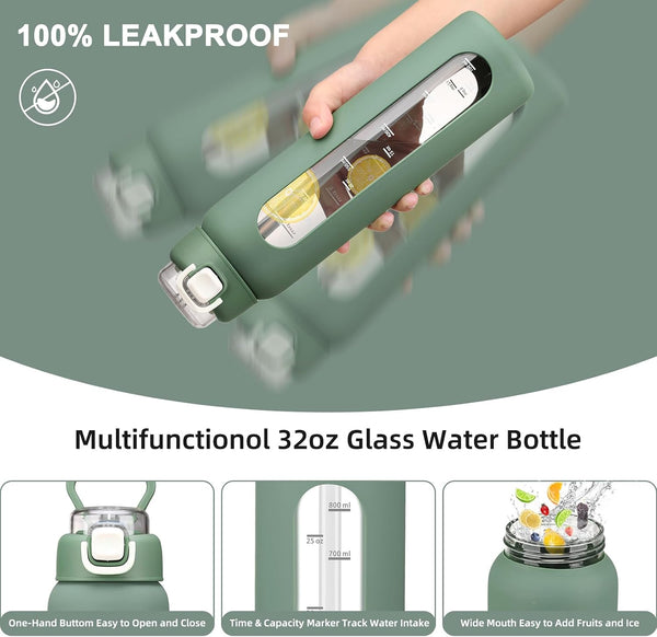 chunmo 32 oz Glass Water Bottles with 2 Lids-Handle Spout Lid & Straw Lid, 1 Liter Motivational Borosilicate Water Bottle with Time Marker and