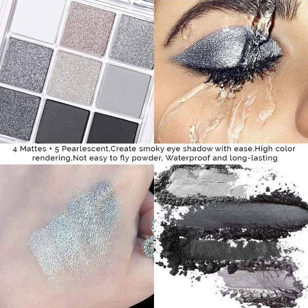 Evpct 9 Colors Black Smokey Grey Gray Silver Glitter Shimmer Eye Shadow Makeup Palette Pigmented Black Matte Metallic Eyeshadow Makeup Palette