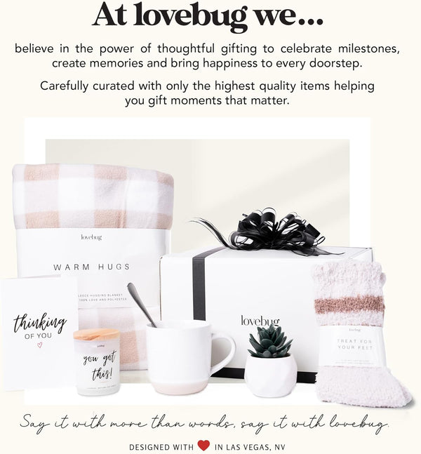 Lovebug Get Well Soon Gift Basket for Women â after Surgery Gifts, Feel Better Care Package with Blanket, Candle, Socks, Mug, Spoon, Succulent â