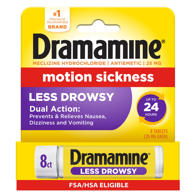 Dramamine Motion Sickness Less Drowsy, Travel Vial, Multicolor, 8 Count 8 Count (Pack of 1)
