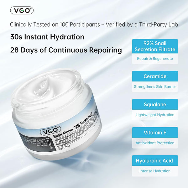 VGO Snail Mucin 92% Moisturizer Daily Face Moisturizer Hydrating Repair Face Gel Cream for Dry & Sensitive Skin, All Skin Types 50g / 1.76oz 1.76