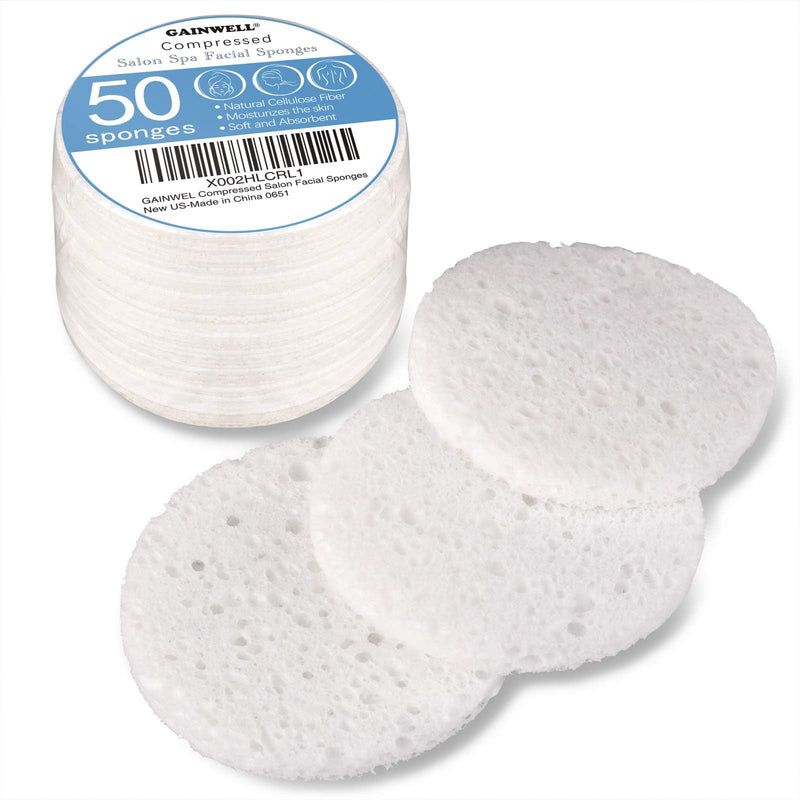 50-Count Compressed Facial Sponge, GAINWELL White Cellulose 100% Natural Cosmetic Spa Sponges for Facial Cleansing, Exfoliating Mask, Makeup