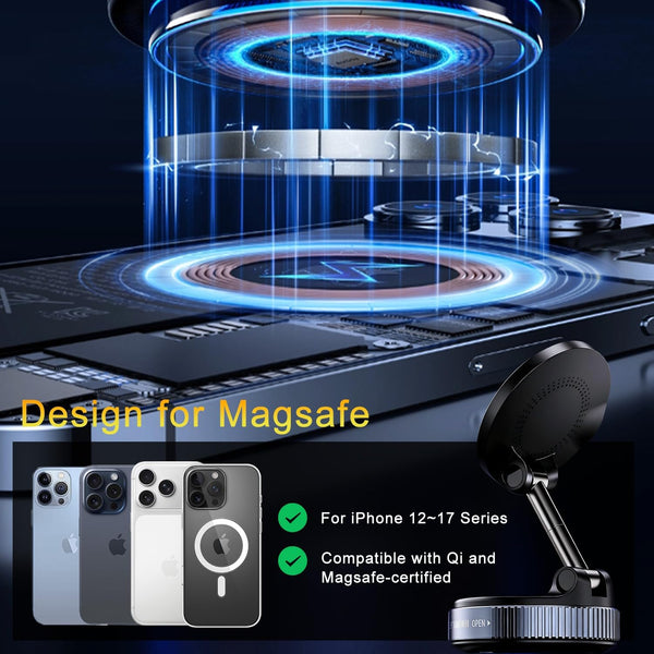 2026 Upgraded for Magsafe Car Mount Charger, 15W Fast Wireless Charging Suction Cup Phone Mount, Magnetic Phone Holder for Dashboard/Windshield,