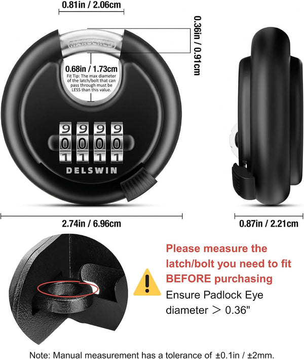 DELSWIN 4-Digit Disc Combination Lock Outdoor - Heavy Duty Combination Padlocks with Hardened Steel Shackle Weatherproof Combo Locks for
