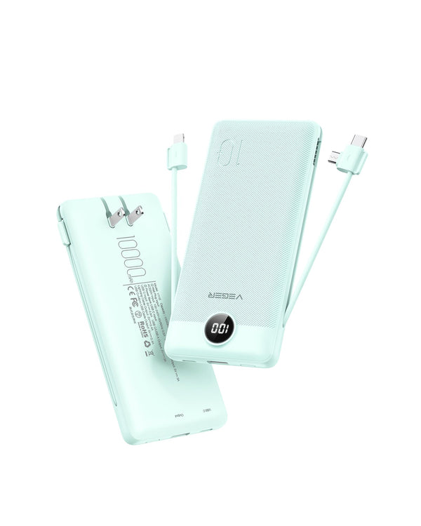 VEGER Portable Charger for Iphone with Built in Cables and Wall Plug, 10000Mah Slim Fast Charging USB C Power Bank, Travel Essential Battery Pack