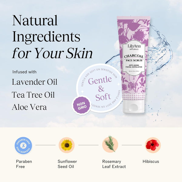 Lilyana Naturals Charcoal Face Scrub - Facial Exfoliator - Microdermabrasion Scrub - Facial Skin Care Products for Women and Men - Lavender and