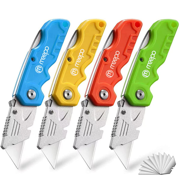 M MEEPO Box Cutter, 4-Pack Tough Folding Box Cutter for Heavy Duty Purpose, Razor Sharp Blade, Comfortable Handle, with Extra 10-Piece Blades, Can