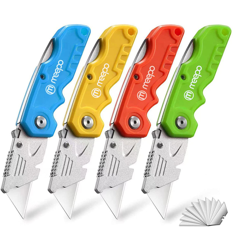 M MEEPO Box Cutter, 4-Pack Tough Folding Box Cutter for Heavy Duty Purpose, Razor Sharp Blade, Comfortable Handle, with Extra 10-Piece Blades, Can