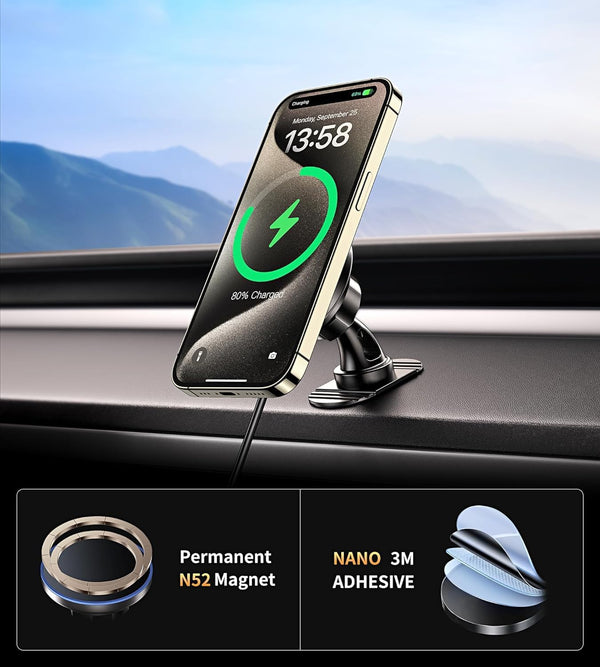 BHHB for iPhone 17 Magsafe Car Mount Charger, [2026 New] 15W 2in1 Magnetic Wireless Car Charger, fits for Magsafe Car Charger, Vent/Dashboard