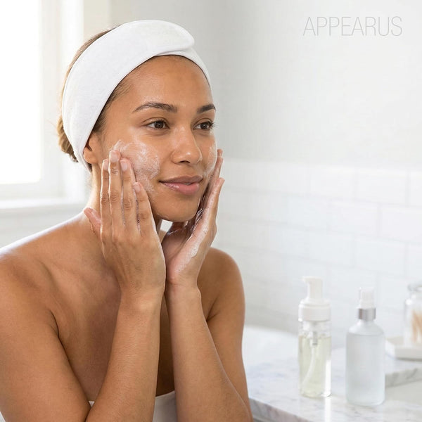 APPEARUS Cotton Terry Cloth Facial Headband 4 Pack White | Absorbent cotton terry with adjustable hook and loop band. Designed for estheticians,