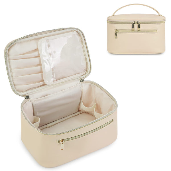 Wandering Nature Makeup Bag, Travel Make up Organizer Cosmetic Brush Bags Case for Women in Vegan Leather, Beige,Patent Pending