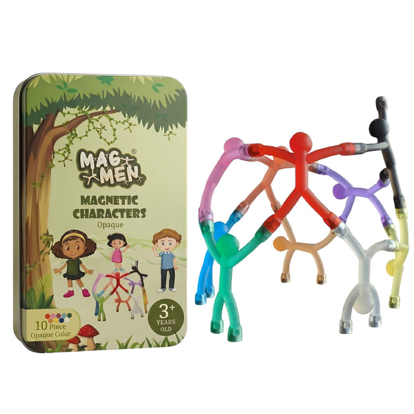 MAGMEN 10-Piece Magnetic Fidget Figures with Storage Tin - Opaque-Color Magnetic Character Figures for Kids & Adults - Quiet Airplane & Road Trip