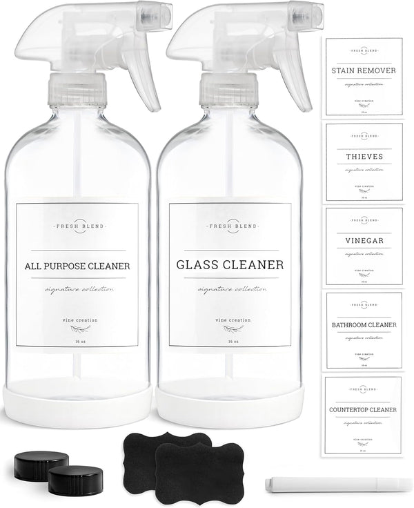Vine Creations Glass Spray Bottles, 2 Pack Refillable Spray Bottles for Cleaning Solutions, Clear Spray Bottle for Plants, Water Spray Bottle
