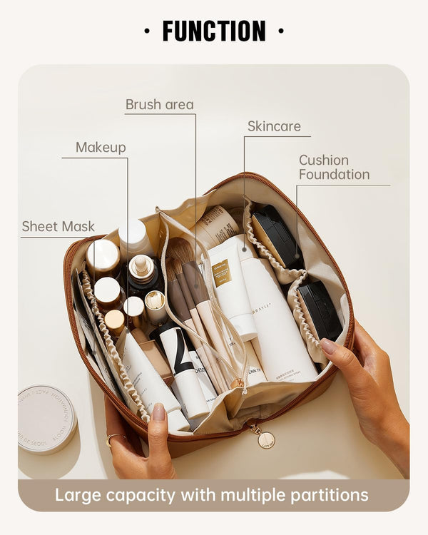 EACHY Travel Makeup Bag, Large Capacity Cosmetic Bag for Women, Waterproof PU Leather, Flat Open Portable Toiletry Bag for Skincare, Brushes &