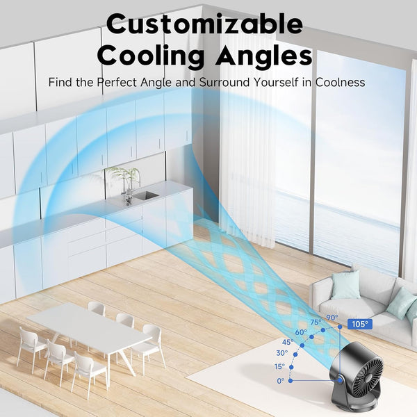 Desk Fan, Turbo Table Fan for Bedroom, 100-Speed Digital Display, Low Noise, 105° Adjustable Tilt, 7.5-inch, Rechargeable Battery, Wall-Mouted