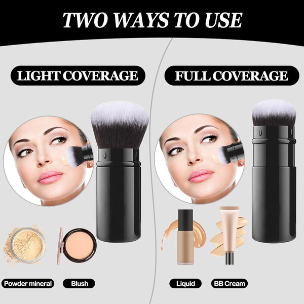 Falliny Retractable Makeup Brush, 2 Pack Travel Kabuki Face Blush Brush, Portable Powder Foundation Sunscreen Brush with Cover for Blush, Bronzer,