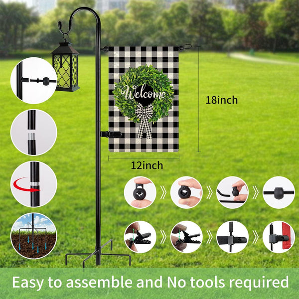 Garden Flag Holder Stand and Shepherds Hooks, 48 Inch Height with 1/2 Thick Metal Pole-Outdoor Lawn Yard Stake for Small 12x18, Solar Lights-Mini