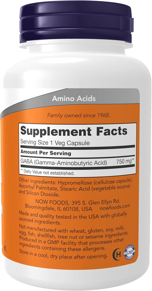 NOW Foods Supplements, GABA (Gamma-Aminobutyric Acid) 750Mg, Neurotransmitter Su
