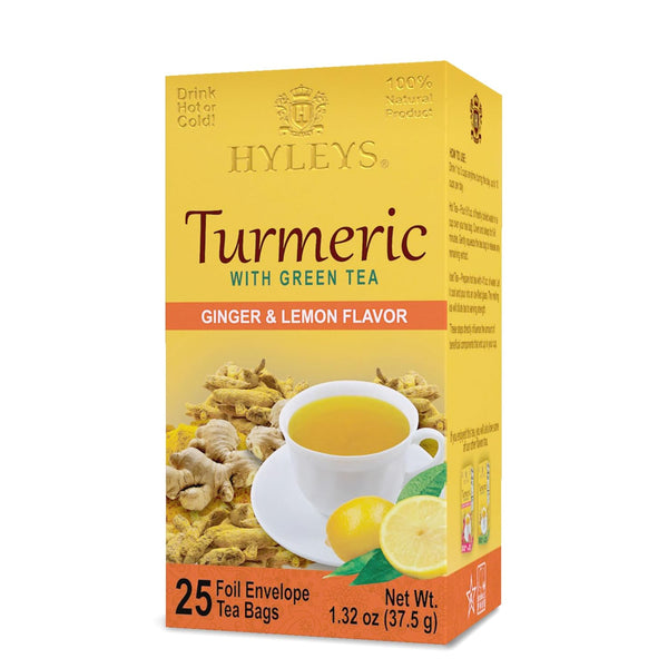 HYLEYS Turmeric Green Tea with Ginger and Lemon, Kosher, 25 Tea Bags Ginger with Lemon 25 Count (Pack of 1)