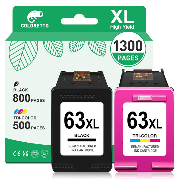 COLORETTO Remanufactured Printer Ink Cartridge Replacement for HP 63XL to use with Envy 4520 4516 Officejet 5255 5258 DeskJet 1112 3632 3639 1112