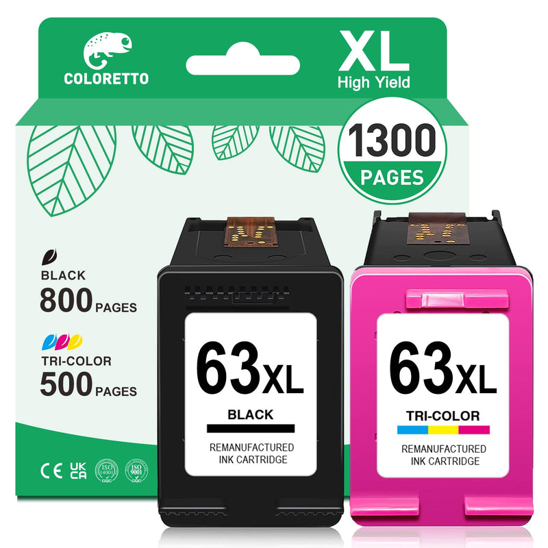 COLORETTO Remanufactured Printer Ink Cartridge Replacement for HP 63XL to use with Envy 4520 4516 Officejet 5255 5258 DeskJet 1112 3632 3639 1112