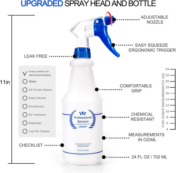 Plastic Spray Bottle (3 Pack, 24 Oz, 3 Colors) Heavy Duty All-Purpose Empty Spraying Leak Proof Mist Water Bottles for Cleaning Solutions Plants