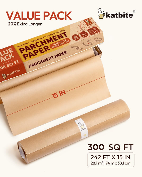 Katbite Unbleached Parchment Paper Roll, 15in x 242ft, 300 Sq.Ft, Non-Stick with Serrated Cutter for Baking, Cooking, Air Fryer 15 in x 242 ft