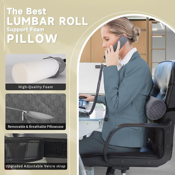Lumbar Roll Pillow for Lower Back, Lumbar Support Foam Roll Cushion with Pillowcase and Upgraded Strap for Office, Chair, Car, Seat Pain Relief &