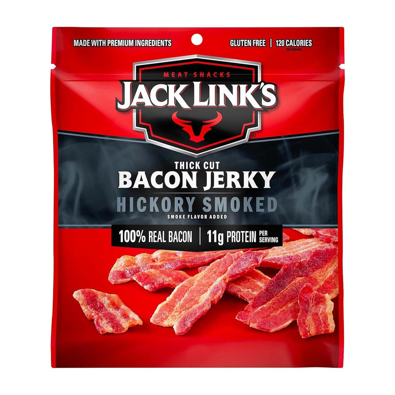 Jack Link's Hickory Smoked Bacon Jerky - 2.5 oz Bag - Ready to Eat Real Meat Protein Snacks - 11g Protein per Serving - Made with 100% Thick Cut