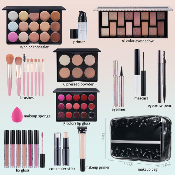 Makeup Kit for Women Full Kit, Makeup Set for Teen Girls Eyeshadow Lip Gloss Lipstick Make up Brushes Eyebrow Eyeliner Pen Liquid Concealer