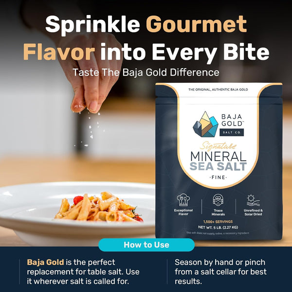 Baja Gold Mineral Sea Salt, Gary Brecka Choice, Fine Grind, 5 lb Bag | Unrefined Mineral Sea Salt, Trace Minerals, Naturally Lower Sodium,