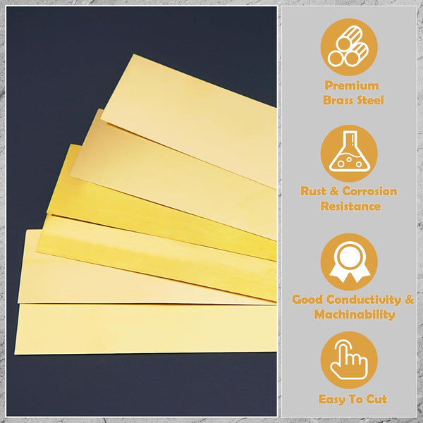 Brass Strip, Brass Shim Stock Assortment, 1" Width x 6" Length, 0.002", 0.004", 0.006", 0.008", 0.012" and 0.016" Thickness, 6 Pieces 6 x 1 Inch 6