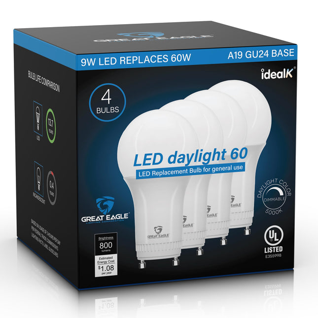 Great Eagle GU24 Led Bulb - A19 Shape, 9W (60W Equivalent), Dimmable, 5000K Daylight, UL Listed, Twist-In Light Bulb, 2 