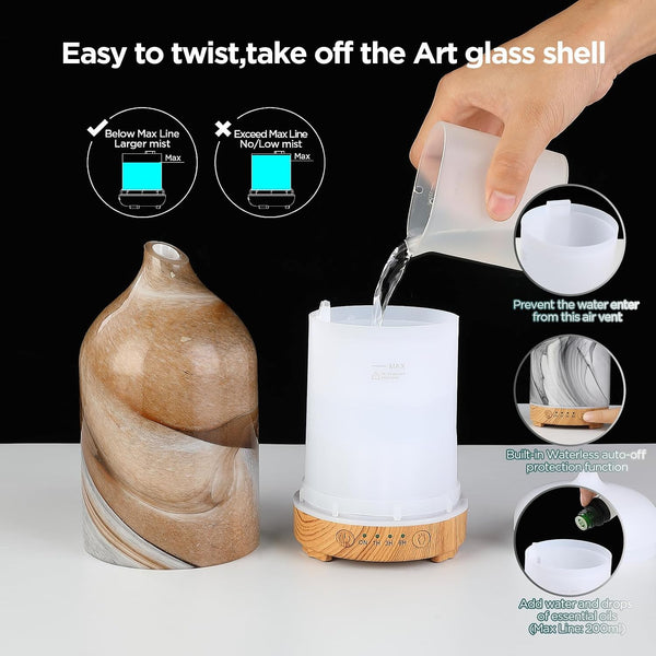 Essential Oil Diffuser Hand Blown Glass Aromatherapy Diffuser - Ultrasonic Cool Mist Scent Aroma Diffuser, Whisper Quiet with Auto Shut-Off, Timer