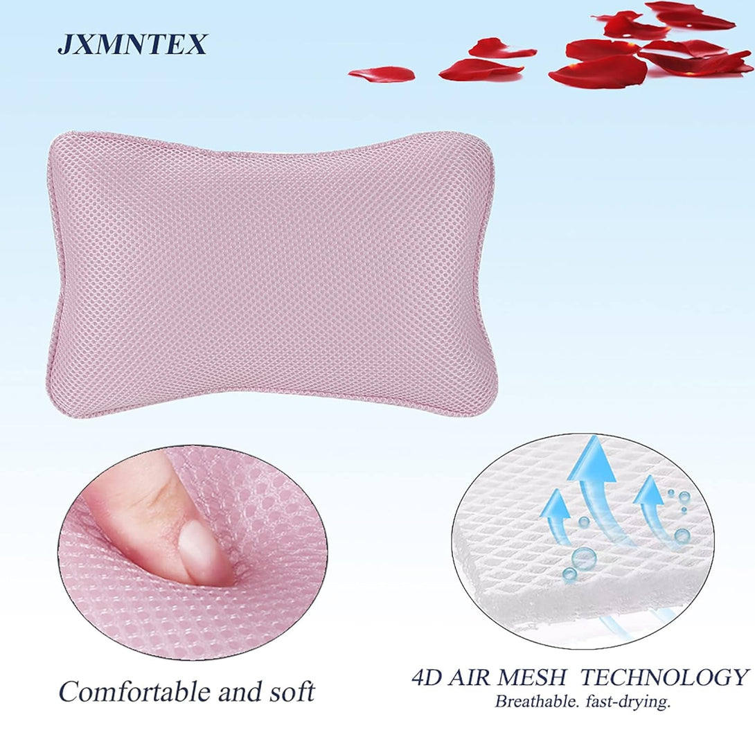 Bath Pillow for Tub, Non Slip with 2 Large Suction Cups, Breathable Soft, Comfortable Head Neck Support, Machine Washable (Pink)