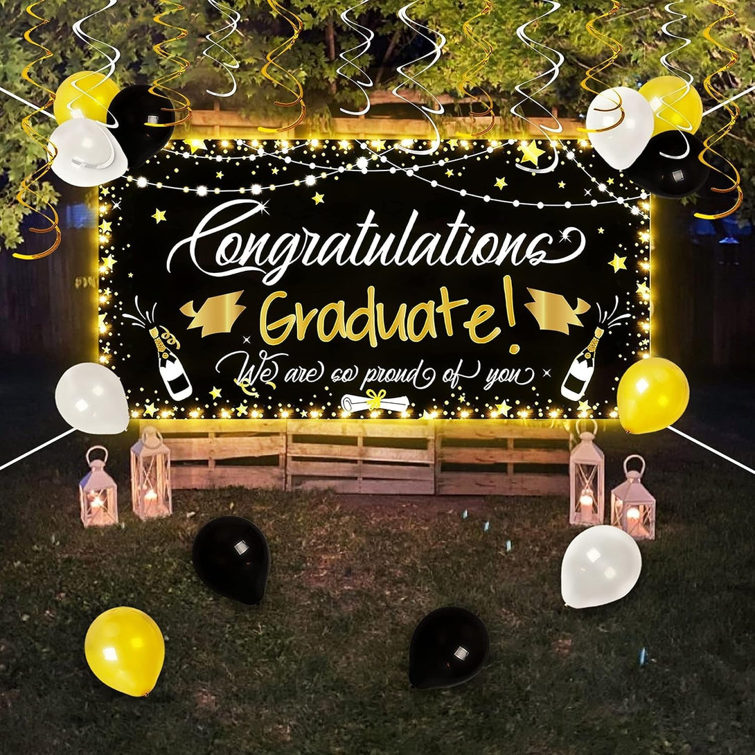 90Shine Graduation Decorations Class of 2025 - Lighted Large Congrats Grad Banner Garland Photo Backdrop+Balloons+Hanging Swirls Party Supplies (25PCS, Black, Not Include Battery)
