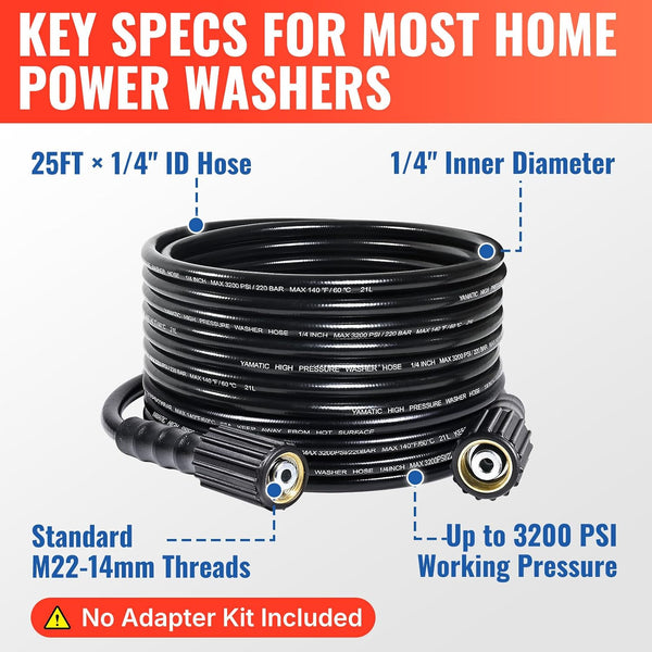YAMATIC Pressure Washer Hose 25 FT 1/4", M22-14mm Females 25FT 3200PSI