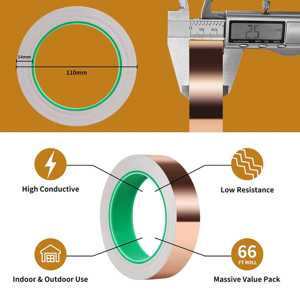 Vaincre Copper Tape (1inch X 66 FT), Copper Foil Tape with Conductive Adhesive for Stained Glass, Guitar, EMI Shielding, Crafts, Electrical
