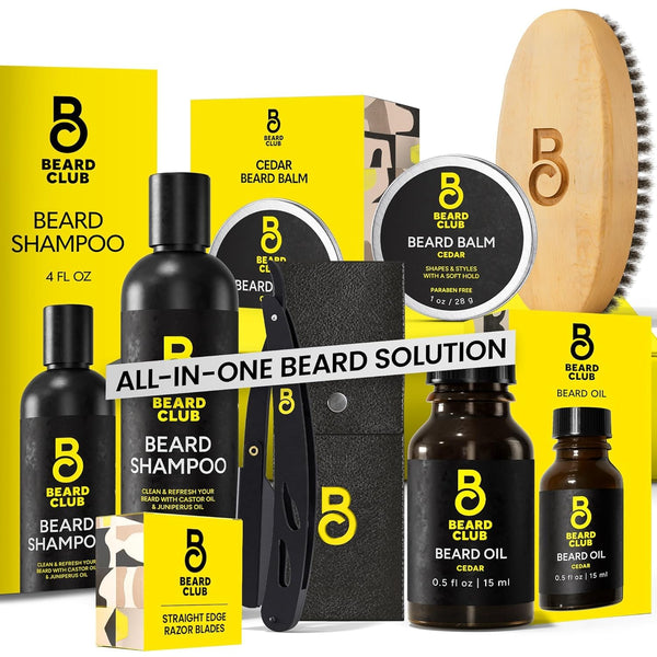 The Beard Club Beard Care Kit & Mens Grooming Kit - Essentials for a Healthier Looking, Stylish Facial Hair - Straight Edge Razor, Shampoo, Cedar
